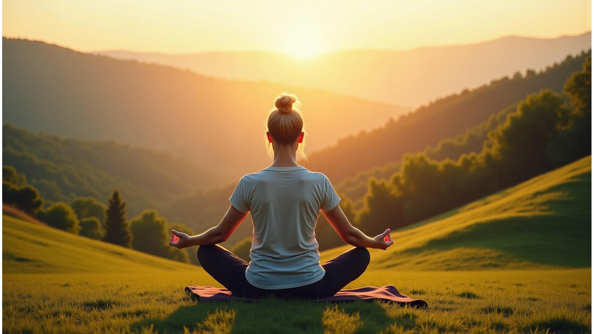 Adult în vârstă de 40 de ani, senin, meditând într-un peisaj natural luxuriant, cu dealuri verzi și un cer senin, simbolizând echilibrul și sănătatea după 35 de ani.