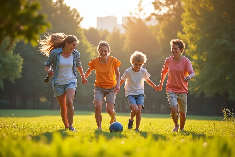 O familie fericită de părinți tineri cu copiii lor se joacă într-un parc însorit, reprezentând un stil de viață sănătos și activ.