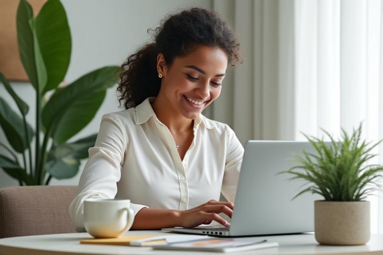 O femeie profesionistă zâmbind relaxat în fața unui laptop, cu un pahar de apă și plante de birou, simbolizând echilibrul dintre carieră și bunăstare.