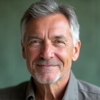 Portretul lui Paul Ionescu, instructor de Mindfulness, cu o expresie calmă și deschisă, sugerând experiență și empatie.