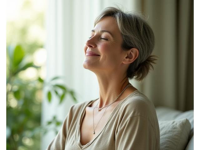 O femeie adultă, cu vârsta de aproximativ 40 de ani, meditează calm, cu ochii închiși, într-un mediu natural, luminos, simbolizând echilibrul și serenitatea în viața modernă.