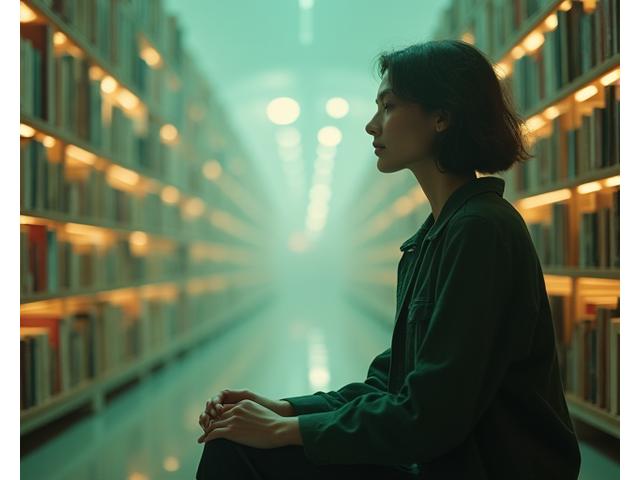 O persoană într-o poziție de meditație, cu mâinile pe genunchi, într-un spațiu calm, meditând. Fundalul sugerează o bibliotecă de resurse digitale, cu elemente eterice de lumină.
