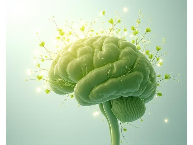 Cerebrul uman stilizat, cu ilustrații de rețele neuronale luminoase, suprapus peste desene subtile de plante și elemente naturale, simbolizând conexiunea dintre știință și natură în wellness.